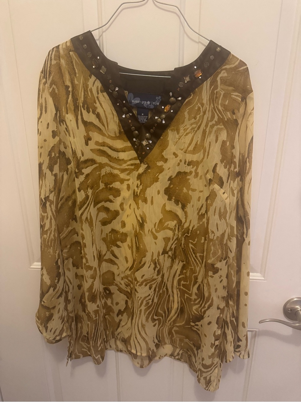 Susan Graver Gold and Brown Animal-Print V-Neck Tunic with Stud Accents